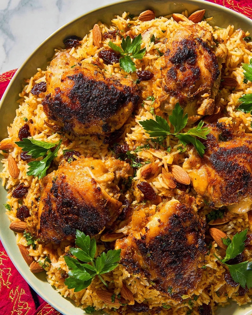 A large white plate holds a dish with two main layers: the bottom layer is a bed of golden brown rice mixed with small toasted slivered almonds and dark raisins scattered throughout, giving a rich texture. On top, there are four pieces of browned chicken thighs with crispy, dark charred spots, arranged close together and partially resting on the rice. Fresh green parsley leaves are placed around the chicken and rice, adding a splash of color. The plate sits on a white marbled surface with a bit of a red cloth peek near the edge. Photo taken with an iphone --ar 4:5 --v 7