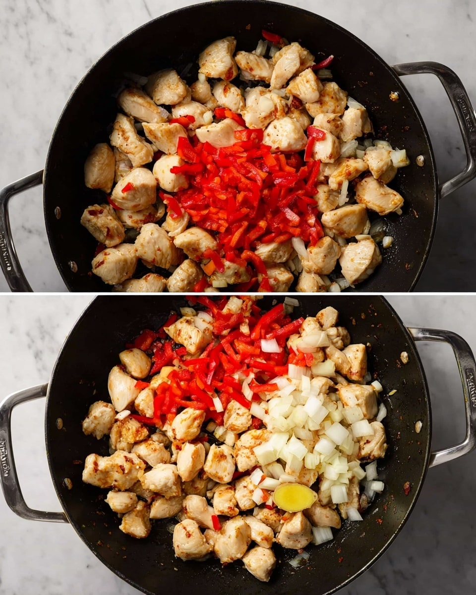 In the first layer, small pieces of light golden-brown chicken are spread evenly inside a black pan with handles, set against a white marbled background. In the second layer, the same chicken pieces remain visible, topped with chopped white onions scattered mostly on the left side, thin strips of bright red bell peppers positioned on the upper middle area, and small pieces of yellow ginger placed near the bottom center of the pan. The colors contrast well against the dark pan, highlighting the fresh ingredients. Photo taken with an iphone --ar 4:5 --v 7