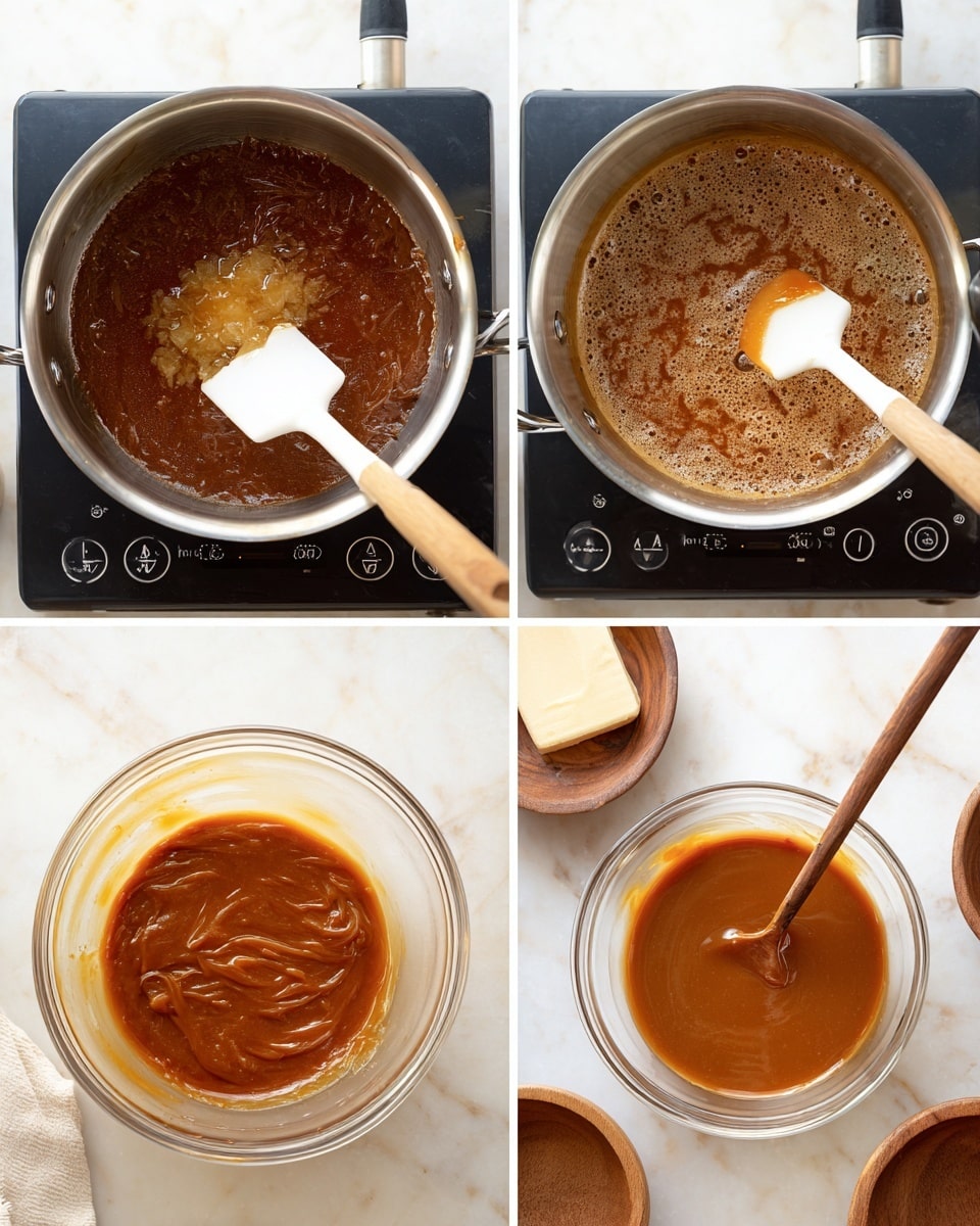 In the first image, a stainless steel pot sits on a black electric cooker over a white marbled surface, containing melting butter in a dark brown mixture with a white spatula with a wooden handle resting inside. The second image shows the same pot with the mixture now bubbling, the spatula immersed in the frothy, rich brown liquid. The third image captures the pot with a thicker, caramel-like brown mixture, bubbling gently with the spatula partially coated in the sauce. The fourth image depicts a clear glass bowl filled with a smooth, shiny caramel-brown liquid placed on the white marbled surface next to wooden bowls, capturing the final smooth sauce. Photo taken with an iphone --ar 4:5 --v 7