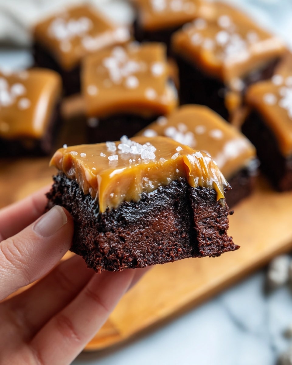 A close-up view of a small square chocolate brownie held by a woman's hand, showing two layers: a dark, dense chocolate base with a moist texture at the bottom, and a smooth, light brown caramel layer on top that looks glossy and soft, sprinkled with coarse white salt crystals. In the blurred background, several similar caramel-topped brownies are arranged on a light wooden board placed on a white marbled surface. The focus is on the front brownie piece, highlighting the shiny caramel and crunchy salt against the dark chocolate bottom, photo taken with an iphone --ar 4:5 --v 7