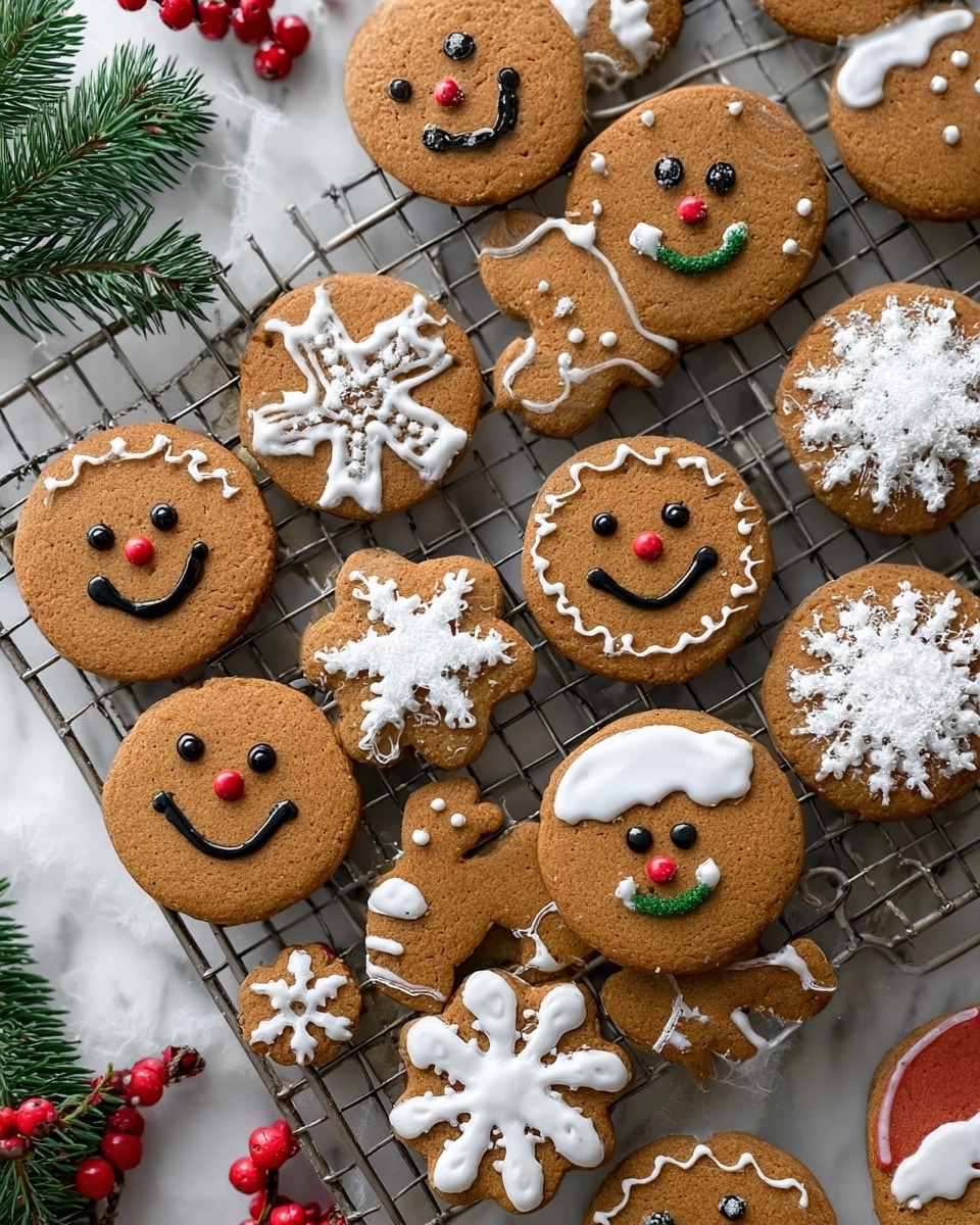 A cooling rack holds a mix of gingerbread cookies with different shapes and cheerful decorations on a white marbled surface. There are round cookies with white icing on top looking like snow caps and smiling faces made with black eyes, red cheeks, and curved dark lines for mouths. Some flower-shaped cookies have white icing made into snowflake patterns, with some icing textured like small snow clumps. Other round cookies have white swirly icing around the edges and cute faces with red noses. The cookies have a warm brown tone, and the overall scene is decorated with green pine and bright red berries nearby. The photo taken with an iphone --ar 4:5 --v 7
