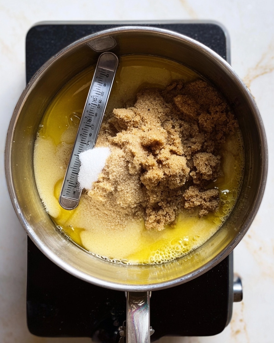 A top view of a metal pot on a black stove with melted yellow butter covering the bottom, a pile of light and dark brown sugar in the center mixed with a small amount of white salt, and a metal candy thermometer clipped inside the pot on the left side measuring the temperature of the mixture, the pot placed on a white marbled surface photo taken with an iphone --ar 4:5 --v 7