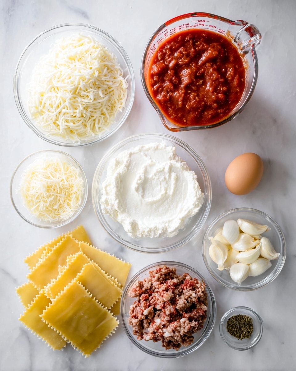 The image shows an assortment of ingredients laid out on a white marbled surface. In the top left is a clear glass bowl filled with shredded mozzarella cheese, white and fluffy. To its right is a glass measuring cup filled almost to the top with thick, red tomato sauce that has visible chunks of tomatoes. Below the mozzarella bowl is a small clear glass bowl with fine, light yellow grated Parmesan cheese. In the center, there is a clear glass bowl filled with white, creamy ricotta cheese with a soft texture. To the right of the ricotta is another small clear glass bowl with finely chopped white onions. At the bottom right, there is a clear glass bowl with ground Italian sausage, mixed with red and white bits. Below the ricotta and Parmesan are two peeled garlic cloves in a small clear bowl, and next to that is a small amount of dried dried green herbs in a tiny clear bowl. At the bottom left, there are uncooked yellow lasagna noodles with ruffled edges, neatly stacked. An egg is placed near the sausage bowl. The photo taken with an iphone --ar 4:5 --v 7