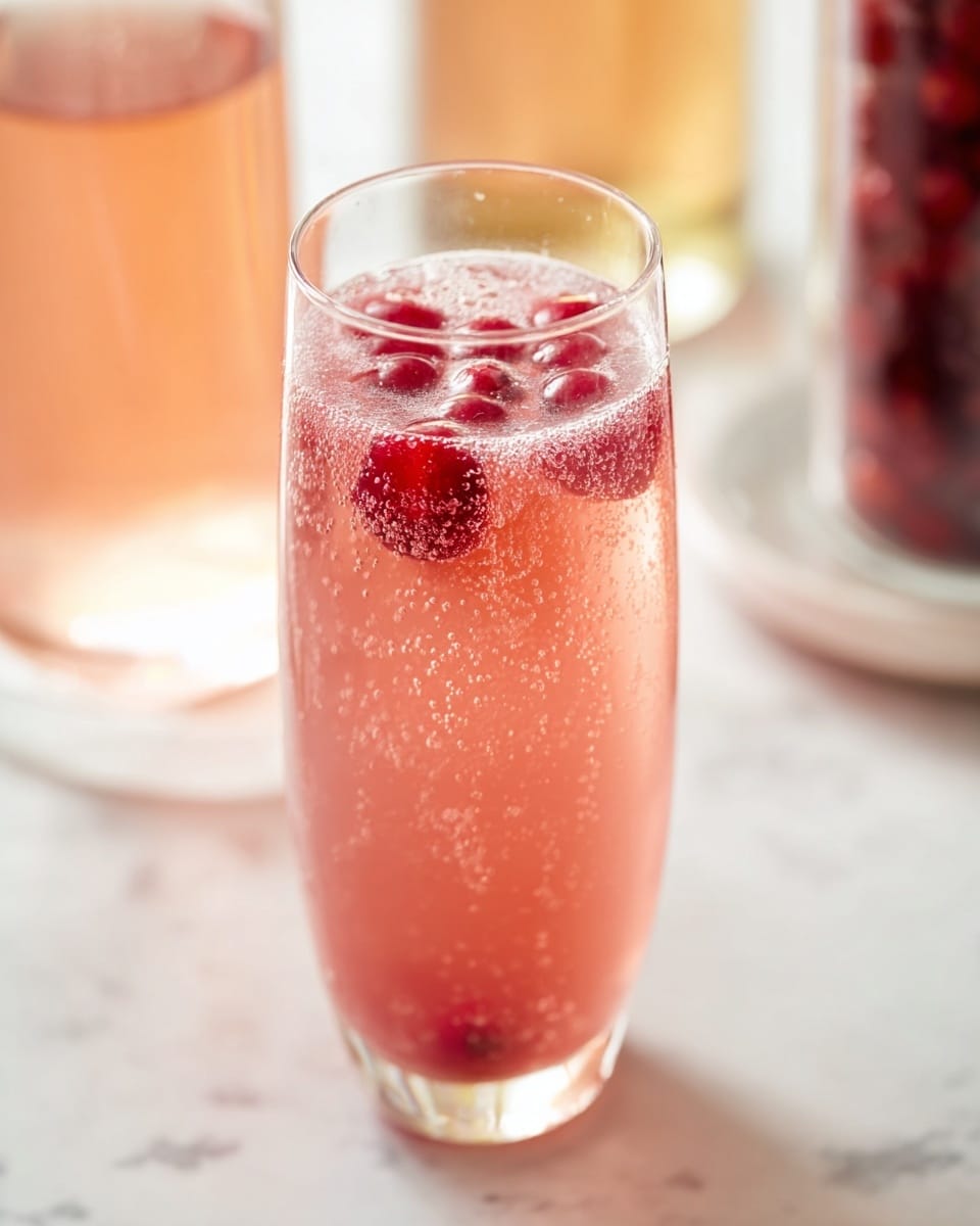 A tall clear glass filled almost to the top with a bubbly, light pink drink that has small red berries floating near the surface and throughout. The glass is slender with a smooth rim, and small bubbles can be seen rising in the liquid. The background shows blurred shapes of other glasses and bottles on a white marbled texture surface, soft natural light highlights the drink's refreshing look. photo taken with an iphone --ar 4:5 --v 7