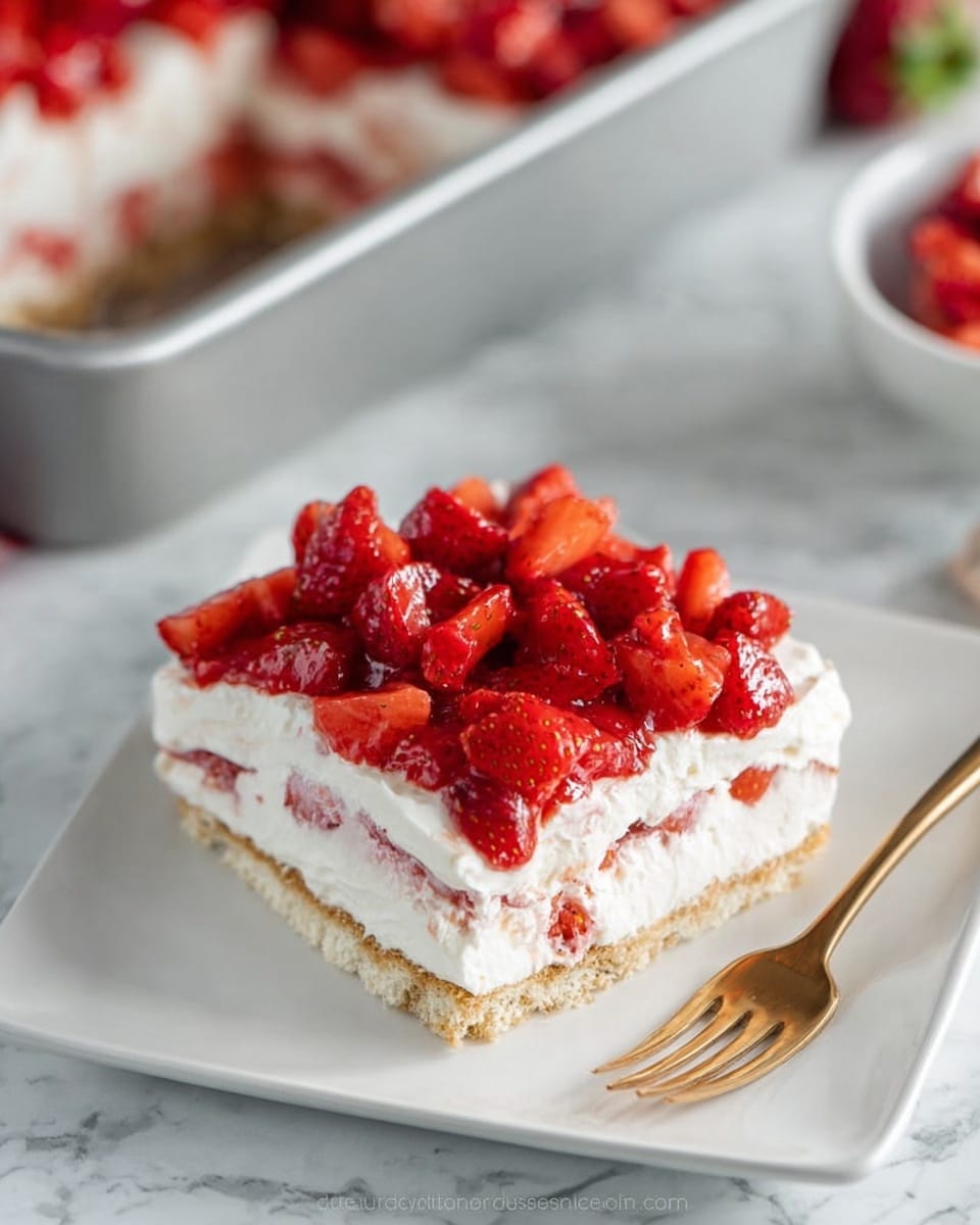 A square slice of layered dessert on a white plate with a delicate pattern, placed on a white marbled surface. The dessert has four layers: the bottom layer is a golden-brown crumbly crust, the second layer is thick white cream, the third layer is thin and filled with bright red strawberry pieces, and the top layer is another thick white cream covered with light brown crumbs. A fresh whole strawberry with a green leafy top sits on the very top center of the slice. The background shows a white bowl filled with a larger portion of this dessert. Photo taken with an iphone --ar 4:5 --v 7