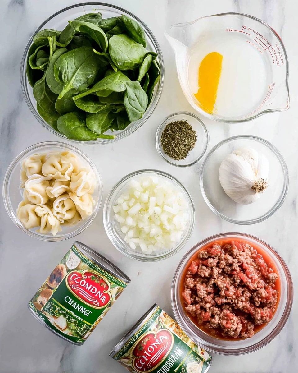 A white marbled surface holds several clear glass bowls and two cans near a white bag of cheese ravioli. In the top left, a clear bowl is filled with bright green fresh spinach leaves. Below it, a clear bowl contains white grated cheese on the left, with a whole garlic bulb placed close by. To the right of the garlic, a small clear bowl holds dried green herbs. Above, a clear measuring cup shows a white liquid with a yellow base beneath. To the right, another clear bowl has white chopped onions. On the bottom left, a clear bowl contains raw ground meat with red and brown tones. Two cans lie on the surface: one green-labeled can of diced tomatoes with basil, garlic, and oregano, and one red-labeled can of tomato sauce. The white bag of cheese ravioli is partially visible on the right side. Photo taken with an iphone --ar 4:5 --v 7
