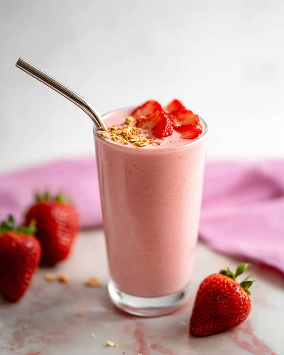A tall clear glass filled with a pink strawberry smoothie topped with two sliced strawberries and a small drizzle of peanut butter in the center. A silver metal straw is placed in the glass on the right side. Around the glass on the white marbled surface are three whole fresh strawberries and a spoon with a red dollop, slightly blurred in the background. The upper part of the image is mostly empty space with a bright white background and a hint of a purple cloth on the right. Photo taken with an iphone --ar 4:5 --v 7