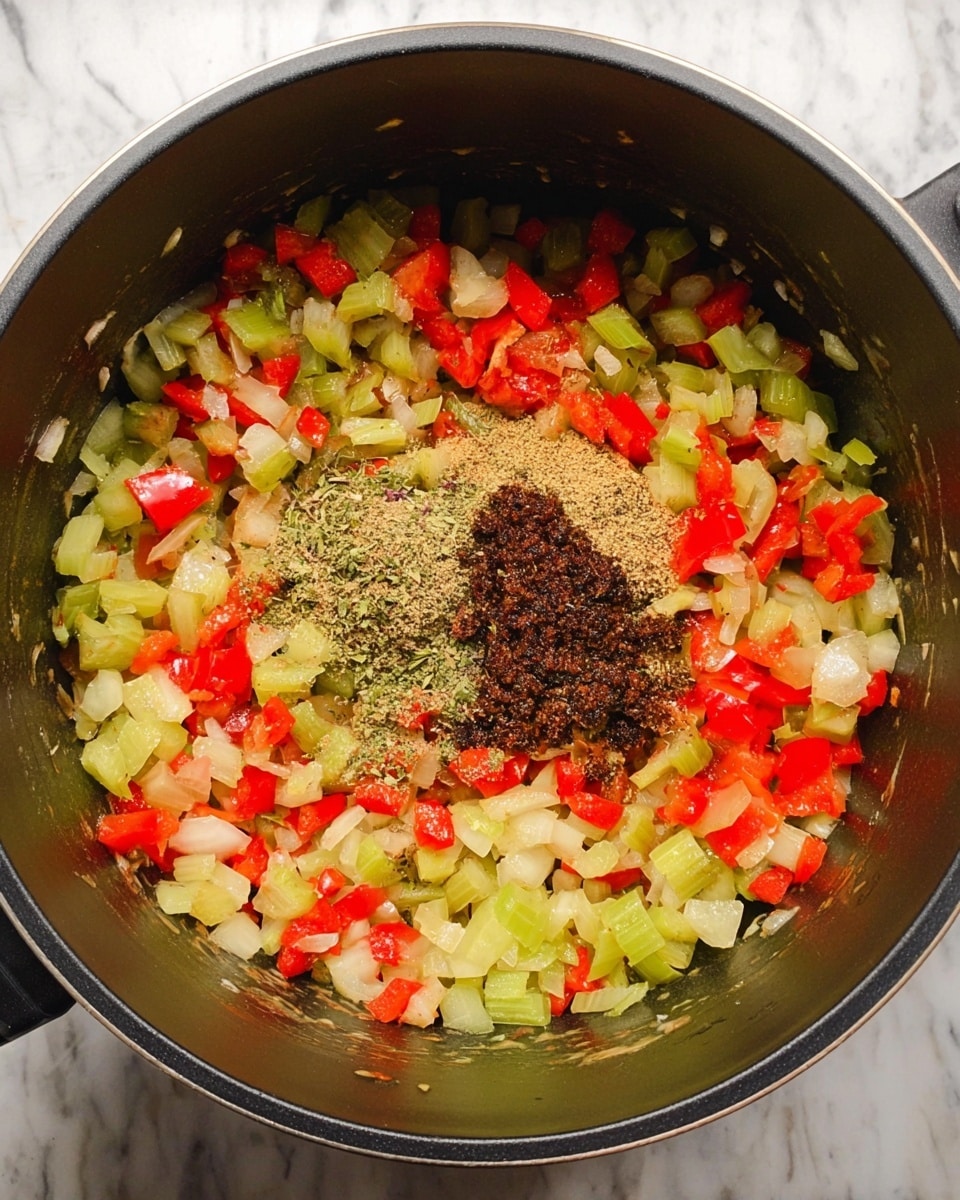 Inside a black cooking pot, there is one main layer of small chopped vegetables including red and green bell peppers, white and light green onions, and celery, all mixed and slightly cooked with a soft texture. In the center of the vegetables, there is a small pile of different spices and a dark brown paste-like ingredient, which adds a rough and powdery texture on top of the chopped vegetables. The pot is placed on a white marbled countertop. photo taken with an iphone --ar 4:5 --v 7