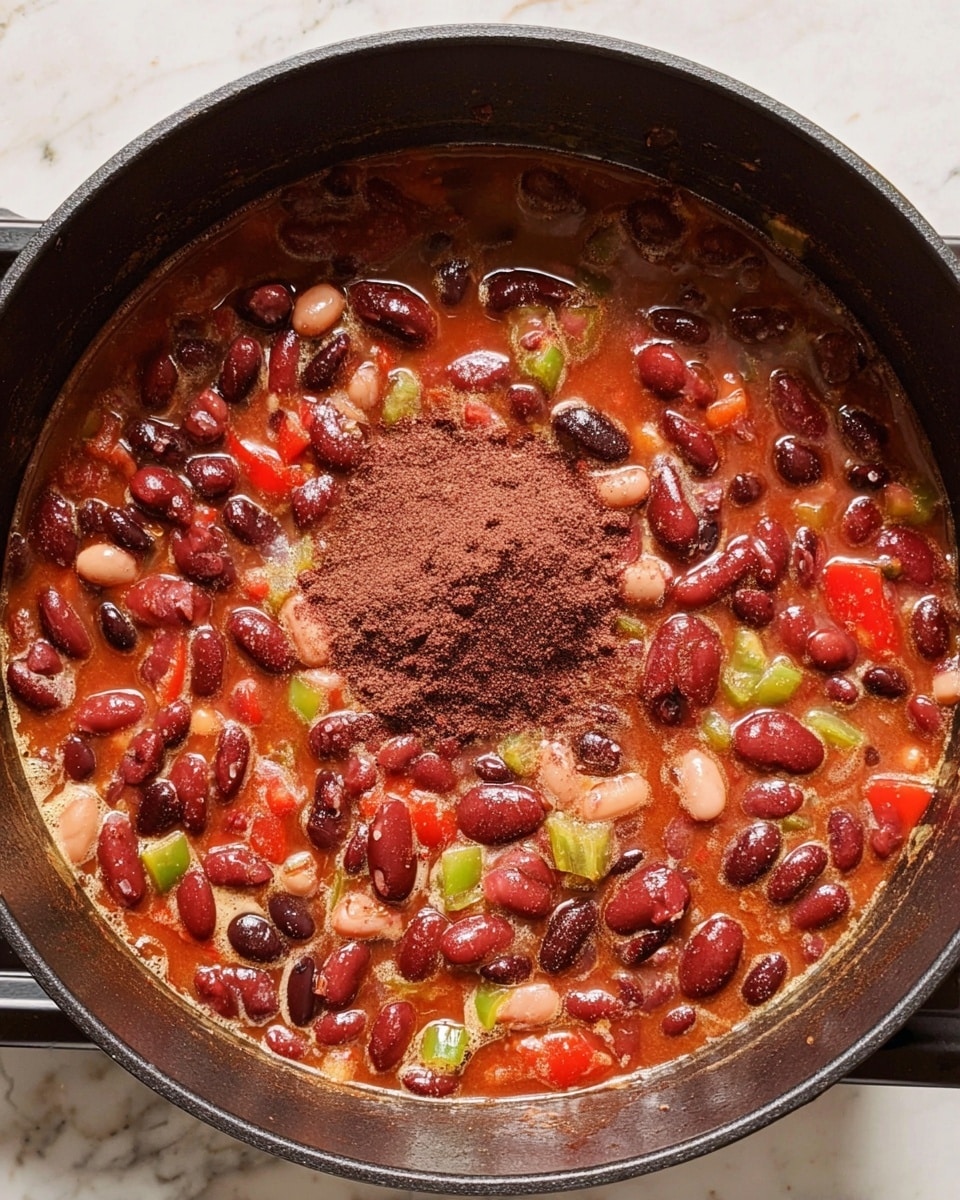 A deep blue bowl filled with thick chili that has a rich reddish-brown sauce mixed with visible red and black beans, small pieces of red and green peppers, and bits of tomato. The chili is garnished with fresh bright green cilantro leaves scattered on top. The bowl sits on a dark surface next to three yellow triangular tortilla chips on the right side, along with two halved bright green limes and some fresh cilantro. The background is a white marbled texture with a beige cloth featuring black stripes partially visible on the upper left side. Photo taken with an iphone --ar 4:5 --v 7