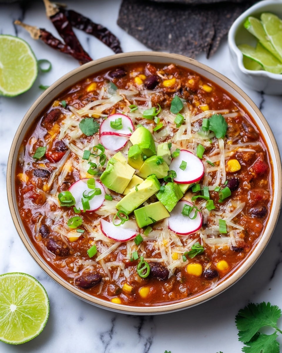 A bowl filled with thick chili showing a rich reddish-brown base mixed with black beans, kidney beans, corn kernels, and bits of red bell pepper. The chili is topped with scattered melted white cheese strands, bright green diced avocado chunks, thinly sliced red and white radish rounds, and chopped green onions. Small green cilantro leaves add a fresh touch on top. The bowl is white and rests on a white marbled surface, with dried dark chile peppers and a small white dish holding lime wedges placed nearby. Photo taken with an iphone --ar 4:5 --v 7