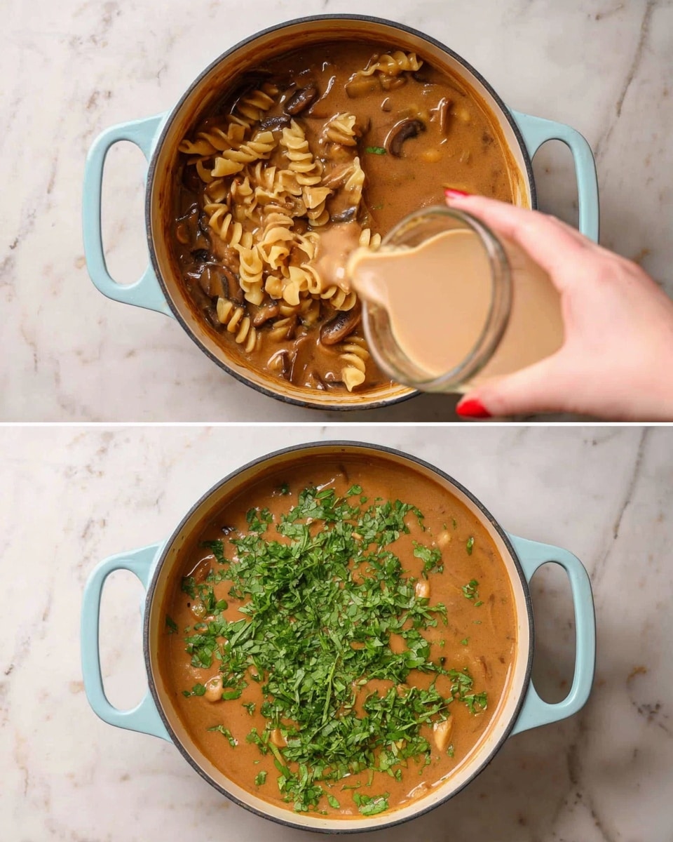 The image shows two steps of making a creamy mushroom pasta sauce in a light blue pot with two handles, placed on a white marbled surface. In the top part, a woman's hand with red nails is pouring a light beige creamy liquid from a small clear glass into the pot. The sauce inside is brown with visible pieces of sliced mushrooms and spiral pasta, all floating in a thick sauce. In the bottom part, the creamy liquid is fully mixed, covering the mushrooms and pasta evenly, topped with fresh green chopped parsley spread across the surface. The pot sits on the white marbled texture that contrasts with the warm colors of the sauce photo taken with an iphone --ar 4:5 --v 7