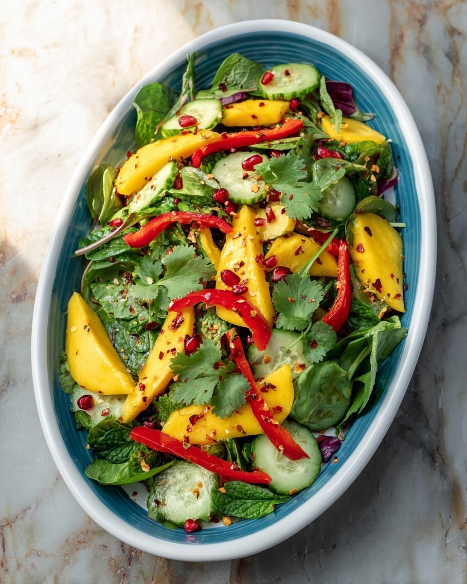 A bright salad is served in a white oval dish placed on a white marbled surface. The salad has three main layers: the base of fresh green spinach and mint leaves, the middle layer of thin cucumber slices and red bell pepper strips, and the top layer of yellow mango slices and small red pomegranate seeds sprinkled all over. Some leaves of cilantro are placed on top, and there is a light dusting of red chili flakes across the salad, adding a spicy touch. The colors are vivid, with green, red, yellow, and purple tones blending naturally. Photo taken with an iphone --ar 4:5 --v 7