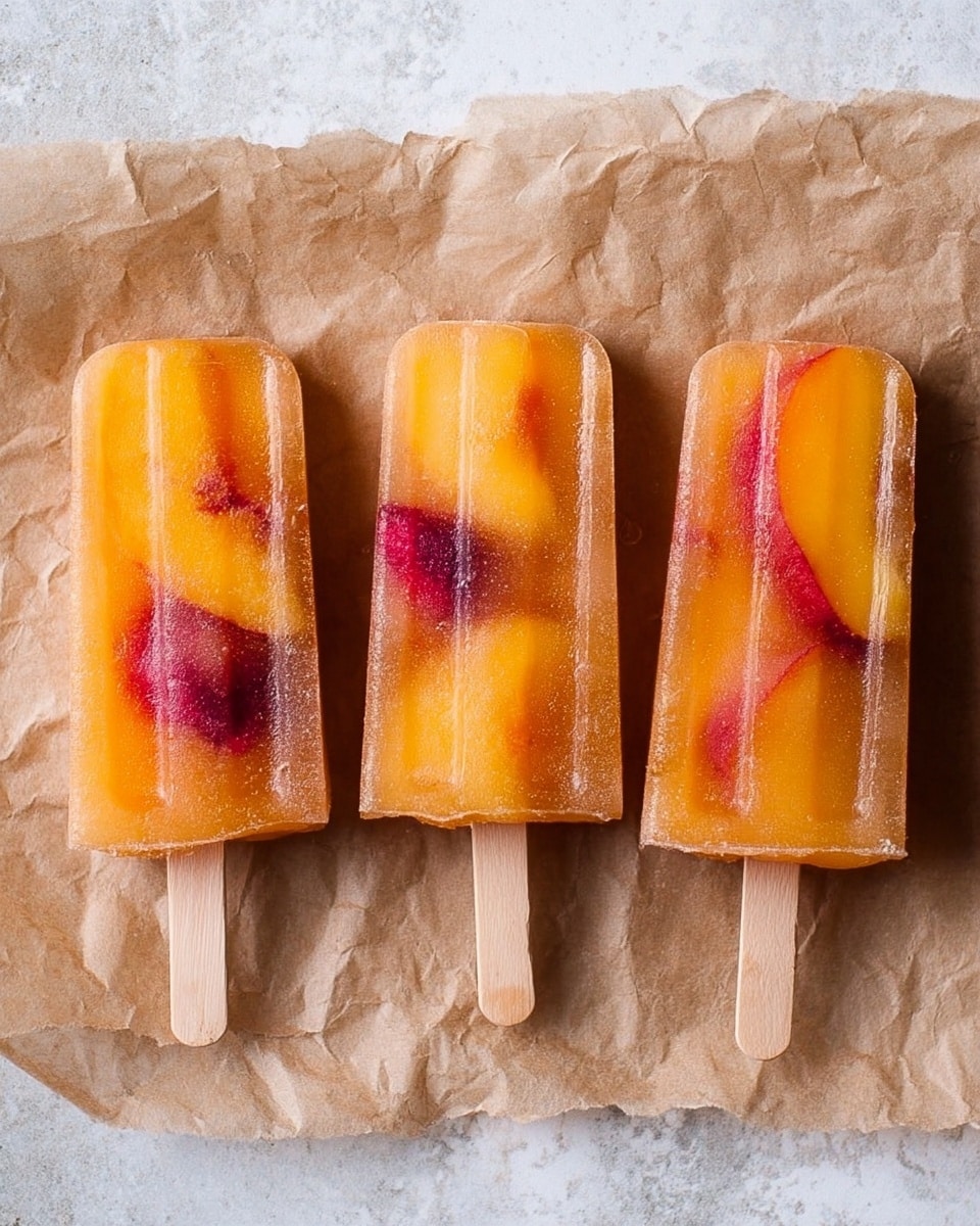 Three frozen fruit popsicles are placed side by side on a piece of crumpled brown paper. Each popsicle has a translucent orange color with visible slices of peach and hints of red berries embedded inside. The texture is smooth and slightly frosty, with wooden sticks centered at the bottom of each popsicle. The background is a white marbled surface that gives a clean contrast to the warm colors of the popsicles. photo taken with an iphone --ar 4:5 --v 7