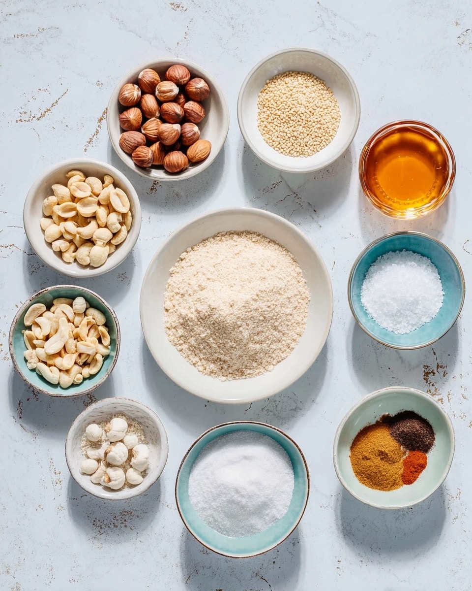 A flat lay image showing twelve small white bowls arranged on a white marbled textured surface, each filled with different ingredients. The center bowl holds a fine, light beige powder. Surrounding it are bowls with whole hazelnuts, peeled light beige peanuts, white sesame seeds, granulated white sugar, a small heap of white powder resembling cornstarch, a small mound of white salt, and clear amber-colored honey in a bowl towards the top. Three other small bowls hold brown spices with varied shades from light to dark. The scene is bright, with soft natural shadows, and the composition is neat and evenly spaced. photo taken with an iphone --ar 4:5 --v 7