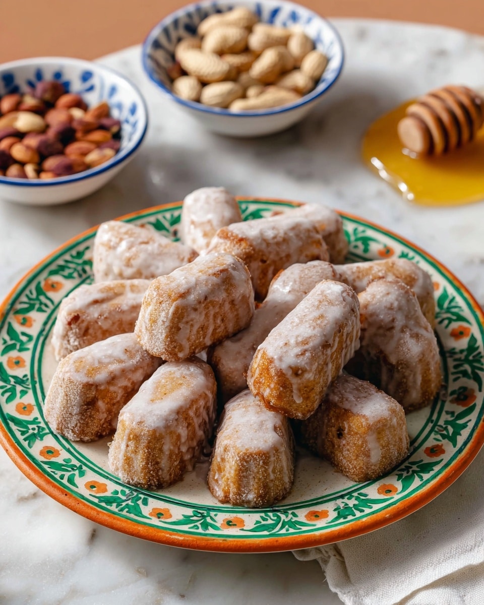 The image shows a white plate with a green and orange pattern around the edge, holding about a dozen small, cylindrical baked treats that have a light brown base color with a white sugar glaze unevenly covering their surface, making them look slightly frosted. The plate is set on a white marbled surface. In the background, there are two white bowls with blue patterns on the rim; one bowl contains pale brown nuts and the other seems to hold smaller, darker nuts. There is also a wooden honey dipper resting on a white napkin, coated with golden honey. The photo taken with an iphone --ar 4:5 --v 7