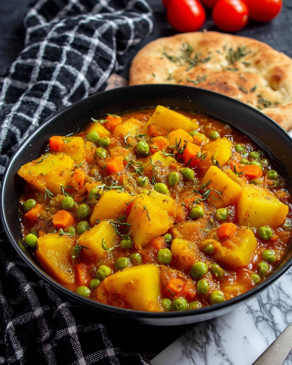 A black bowl filled with a stew made of yellow chunks of potato, green peas, and small orange carrot pieces in a reddish sauce with herbs sprinkled on top. The bowl is placed on a dark surface with a piece of light brown flatbread with herbs next to it. A black and white checkered cloth is draped in the background with some red cherry tomatoes visible behind the bowl, and the whole scene is set on a white marbled surface. photo taken with an iphone --ar 4:5 --v 7