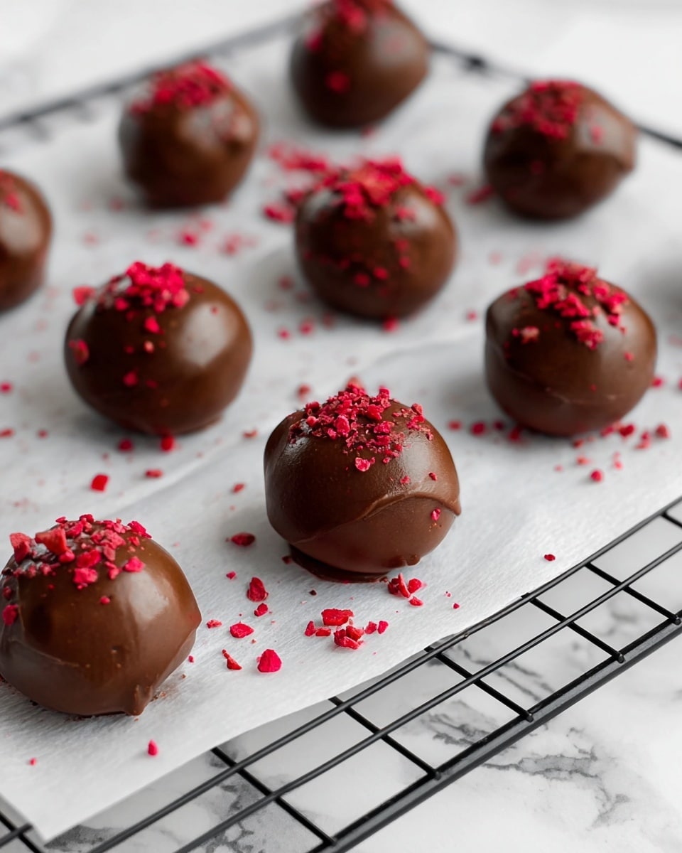 Several round chocolate balls are placed on a white paper on a black wire rack. Each chocolate ball has a smooth, glossy brown chocolate layer on the outside and is sprinkled with small pieces of bright red topping. The chocolate balls are evenly spaced out and some red bits are scattered around them on the white paper. The setting is on a white marbled surface. Photo taken with an iphone --ar 4:5 --v 7