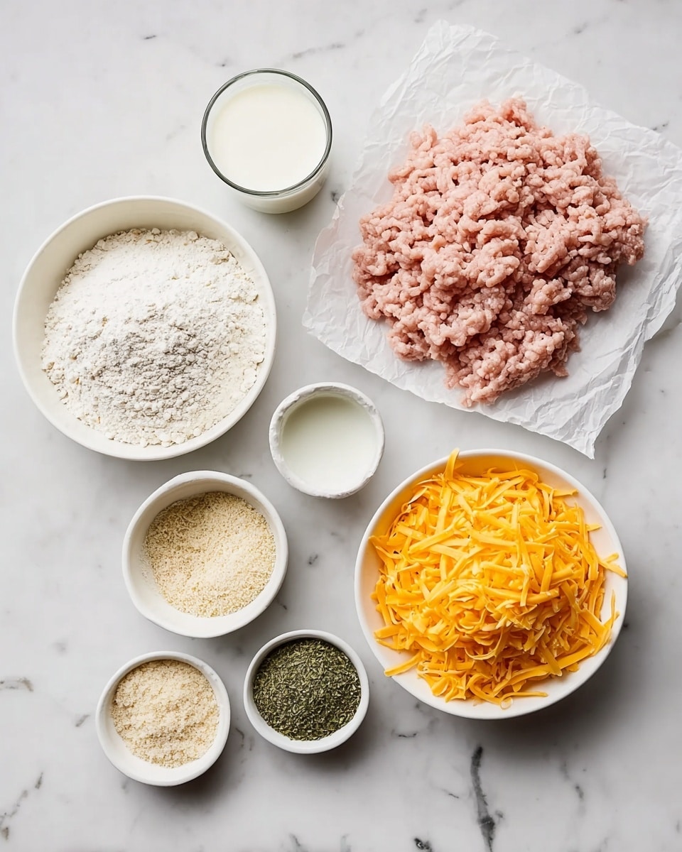 The image shows seven groups of ingredients laid out on a white marbled surface. In the middle, there is a pile of light pink raw ground meat on white parchment paper. To the left, a white bowl filled with white flour and above it, a clear glass cup with white milk. Below the flour bowl is a small white bowl with coarse white breadcrumbs. To the right of the meat, a large white bowl is filled with shredded bright orange cheese. Above the cheese bowl, two small white bowls hold green dried herbs and fine beige powder. All items are neatly arranged and the background is a white marbled texture photo taken with an iphone --ar 4:5 --v 7