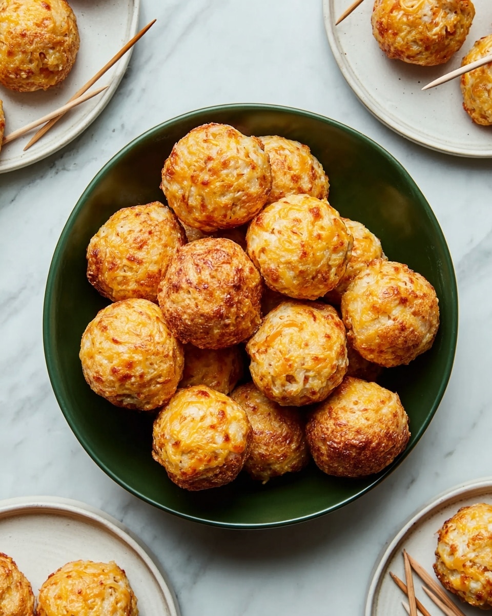 A dark green bowl filled with about fifteen golden-brown baked round balls that look soft and slightly crispy on the outside, each with a textured surface showing small bits of cheese or other ingredients inside. The bowl is placed on a white marbled surface. Around it are white plates, each with a couple of the same balls and wooden toothpicks scattered nearby. The overall colors are warm tones of yellow and light brown, contrasting with the dark green bowl and the white marbled background. photo taken with an iphone --ar 4:5 --v 7