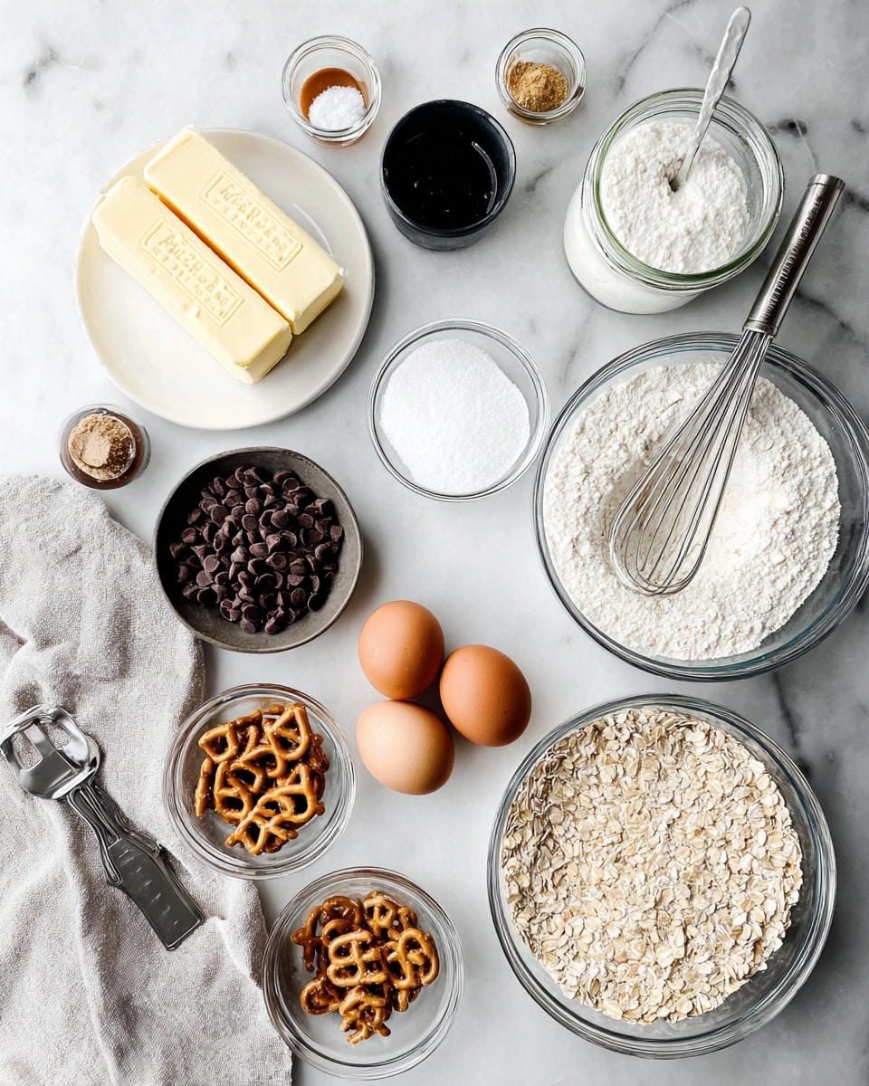 The image shows baking ingredients arranged neatly on a white marbled surface. There are two sticks of butter on a small white plate at the top left, next to a small black bowl filled with white salt. Above that, there's a glass jar with a spoon inside, containing a white powder, likely baking soda or powder. To the right, a clear glass bowl holds sifted flour with a white powder on top, and a metal whisk rests nearby. Below, there are two brown eggs side by side. Next to the eggs is a small glass bowl with dark chocolate chips, below which are more small glass bowls filled with light brown butterscotch chips, tiny pretzel twists, and white oats. A black measuring cup filled with light brown sugar is placed near the middle, close to a small bottle of dark vanilla extract. Lastly, a large clear glass bowl of white sugar completes the layout. A silver mixing tool and a light gray cloth are visible in the lower left corner. photo taken with an iphone --ar 4:5 --v 7