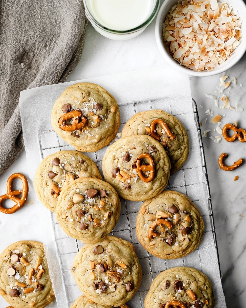 The image shows a group of soft, round cookies on white parchment paper placed on a cooling rack over a white marbled surface. Each cookie has a light golden-brown color with a slightly shiny, soft texture, topped with small light brown and dark brown chips and small broken pretzel pieces that add a crispy texture. A few small flakes of salt are scattered on the cookies, giving them a subtle sparkle. On the upper right corner, there is a white bowl filled with light tan coconut flakes. On the left side, a clear glass of milk is partially visible, next to a gray cloth. photo taken with an iphone --ar 4:5 --v 7