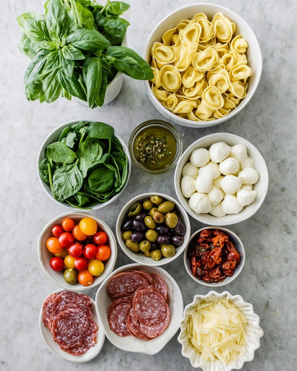 A top-down view of various ingredients arranged neatly on a white marbled surface. There are nine white bowls showing different foods: one large bowl with a layer of pale yellow tortellini, one medium bowl filled with small fresh mozzarella balls, one large bowl of fresh green spinach leaves, one small bowl of mixed green and black olives, one small bowl with a mix of red and orange cherry tomatoes, one small bowl with sun-dried tomatoes, one medium bowl with thin slices of salami, one small bowl of clear dressing with herbs visible, and one white scalloped bowl holding thin, pale yellow shaved cheese. A green basil plant is positioned in a white pot at the top left. The overall arrangement is clean and colorful, showcasing fresh and diverse ingredients. photo taken with an iphone --ar 4:5 --v 7