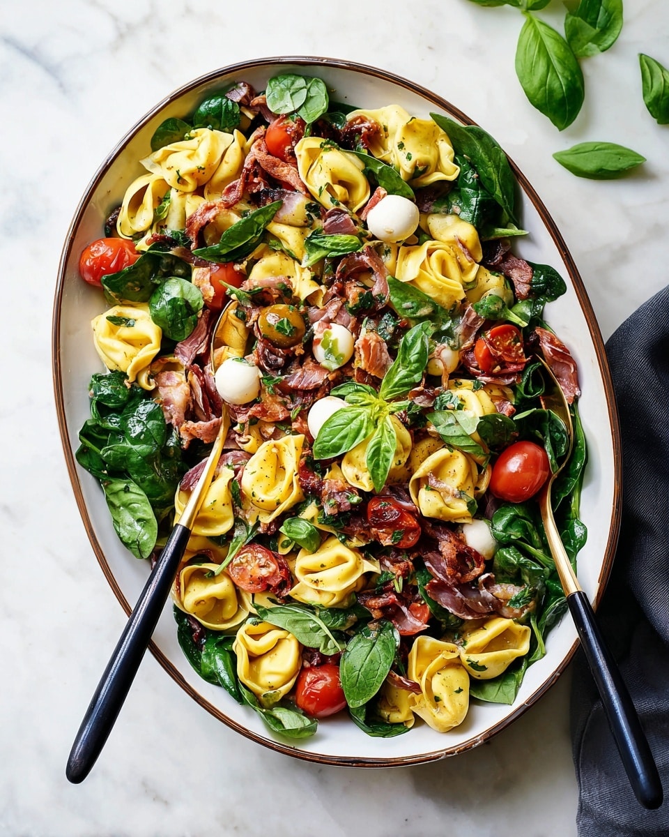 The dish is served on a large white oval plate with a dark rim, placed on a white marbled surface. The base layer is fresh green spinach leaves spread evenly around the plate. On top, there are yellow stuffed pasta pieces, each with a soft and slightly browned texture. Scattered among the pasta and spinach are thin, dark brown strips of cured meat, adding contrast. Bright red and yellow cherry tomato halves are spread throughout, adding bursts of color. Small white cheese balls are also sprinkled over the dish, with sliced black olives and bits of sun-dried tomatoes adding dark, textured touches. Fresh green basil leaves are garnishing the whole plate, enhancing the colors with different shades of green. Two wooden spoons with black handles rest inside the dish as serving utensils. Photo taken with an iphone --ar 4:5 --v 7