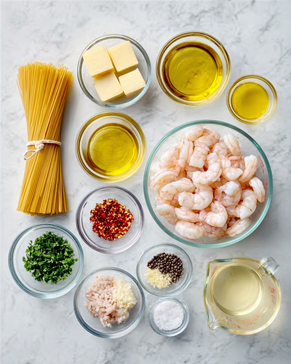 The image shows several clear glass bowls neatly arranged on a white marbled surface, each containing different cooking ingredients. There are uncooked spaghetti tied in a small bundle on the left, followed by three small cubes of pale yellow butter, two small bowls of golden olive oil, a small bowl of finely minced light pink shrimp, and a small bowl with minced white garlic. Below, smaller bowls contain red chili flakes, finely chopped green herbs, wrapping the display of diverse colors and textures. A larger bowl filled with whole raw pale pink shrimp sits on the right. Additional small bowls hold dark brown peppercorns, white salt, and light yellow broth. A glass measuring cup with translucent liquid is also included. Photo taken with an iphone --ar 4:5 --v 7
