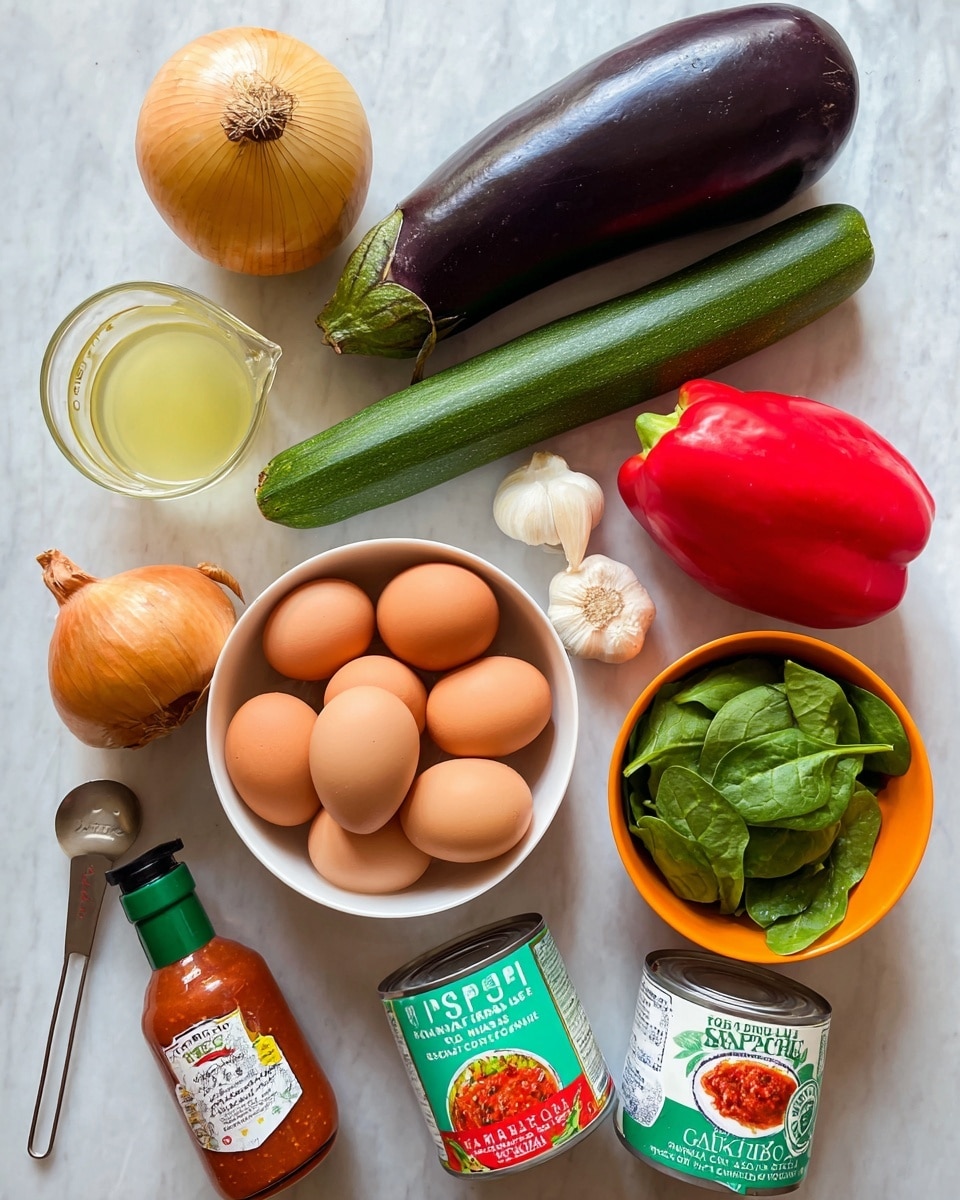 A top view of fresh ingredients arranged neatly on a white marbled surface: a whole yellow onion at the top left, a large dark purple eggplant next to it, followed by a long green zucchini and a bright red bell pepper on the right side. Below, there is a white bowl filled with six brown eggs, an orange bowl with green spinach leaves near the center, two cloves of garlic just below it, and two cans—one labeled diced tomatoes in tomato juice with a green and white label, and the other a tomato sauce can with a red and green label. At the bottom left is a bottle of orange Tabasco pepper sauce and a glass measuring cup with light yellow liquid and a metal spoon inside. Photo taken with an iphone --ar 4:5 --v 7