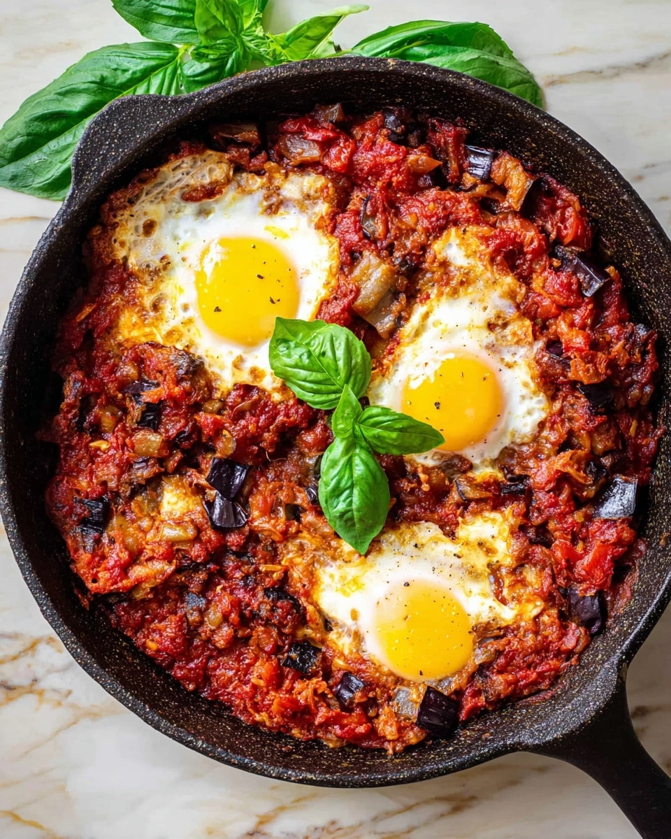 A dark cast iron pan filled with a layered dish showing three fried eggs with bright yellow yolks and white edges embedded in a rich, chunky tomato and vegetable mix with red and dark purple bits, possibly eggplants or peppers, scattered throughout. The surface of the dish looks textured with a mix of soft cooked ingredients and slightly crispy browned edges, garnished in the center with two fresh green basil leaves. The pan is placed on a white marbled surface, with a green basil leaf partially visible at the top left corner of the image. photo taken with an iphone --ar 4:5 --v 7