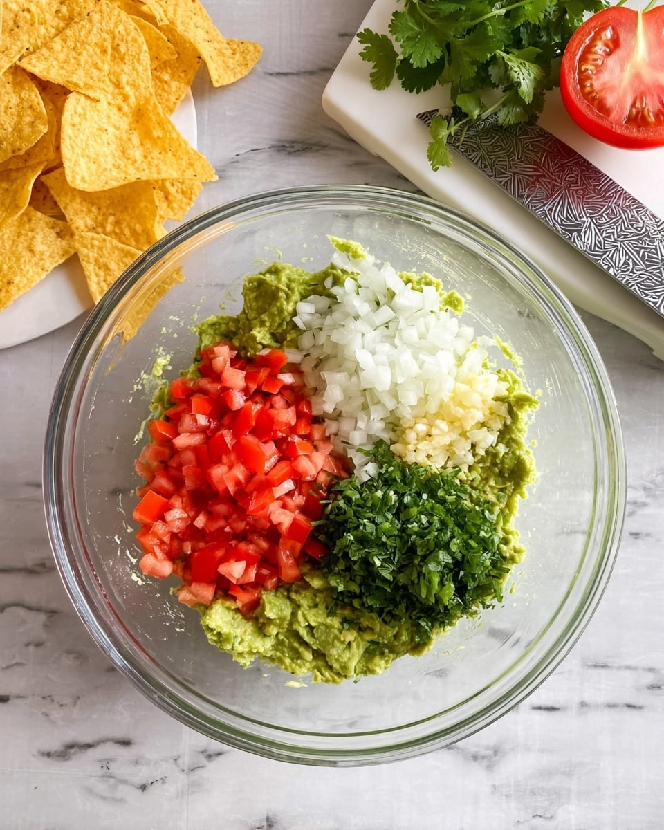 A clear glass bowl on a white marbled surface holds four layers of fresh ingredients for guacamole. At the bottom is a thick layer of green mashed avocado with a creamy texture. On top, there are four distinct piles: bright red diced tomatoes in the top right, finely chopped white onions on the left, minced pale yellow garlic at the bottom right, and a small bunch of dark green chopped cilantro at the bottom center. To the left, there are yellow tortilla chips scattered on the white marbled surface. In the upper right corner, a white marbled cutting board holds a partially sliced red tomato, a shiny metal knife with a patterned blade, and a bunch of fresh cilantro leaves. Photo taken with an iphone --ar 4:5 --v 7