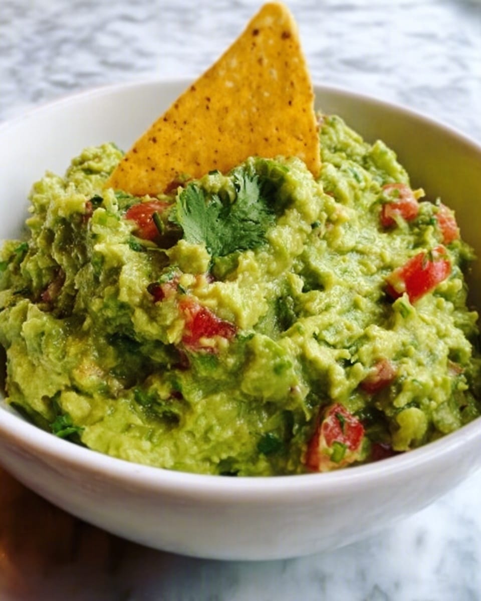 A white bowl filled with chunky green guacamole that has visible pieces of diced red tomatoes and small green cilantro leaves mixed in. On top, there is a triangular yellow tortilla chip dipped into the guacamole. The texture of the guacamole looks creamy with some mashed lumps, sitting on a white marbled surface. photo taken with an iphone --ar 4:5 --v 7