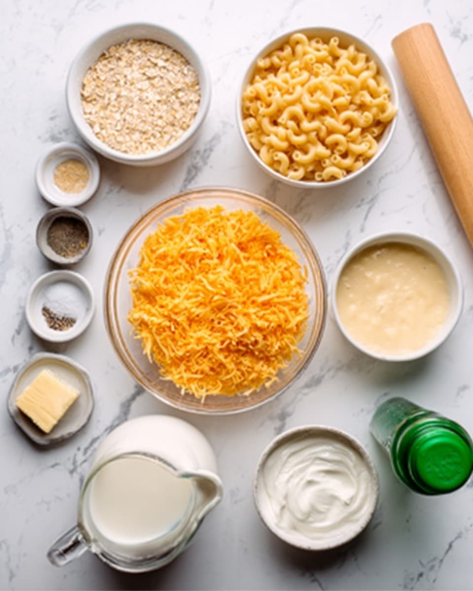 The image shows several small white bowls and a glass bowl arranged on a white marbled surface. The biggest bowl in the center holds shredded orange cheese. Around it, there are bowls containing dry macaroni pasta, white cream, a pale yellow sauce, and a liquid that looks like milk in a clear pitcher. There are also small pots with salt, black pepper, and butter next to the bowls. A rolling pin and a green-capped bottle lie on the right side. All bowls and containers are clean and neatly placed, creating an organized look. Photo taken with an iphone --ar 4:5 --v 7