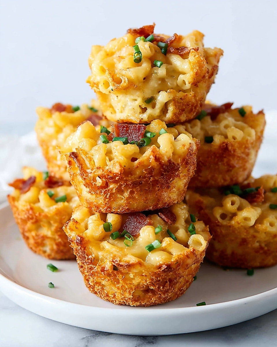The image shows a stack of five macaroni and cheese muffins arranged on a white plate placed on a white marbled surface. Each muffin has a crispy, golden brown outer edge with a textured crust, and the inside is filled with creamy, yellow macaroni and cheese with visible elbow pasta pieces. Small green chive pieces and bits of crispy bacon are scattered on top of the muffins, adding color contrast and texture. The muffins are stacked in a balanced pile with three on the bottom, one in the middle, and one on top. The background is plain white, giving full focus to the food. Photo taken with an iphone --ar 4:5 --v 7