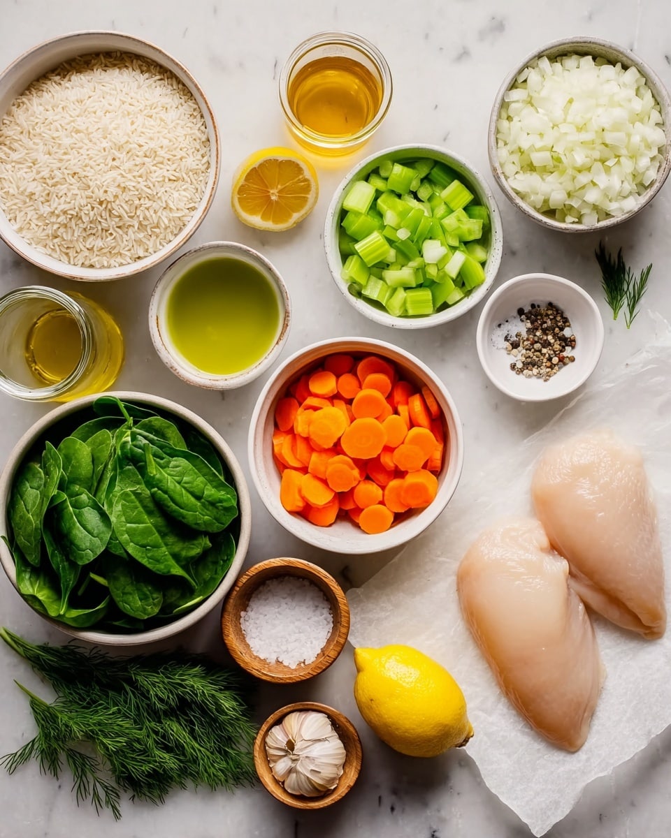 A top view of raw ingredients neatly arranged on a white marbled surface, including two smooth, light beige chicken fillets positioned on white parchment paper at the top right, a white bowl filled with bright orange carrot slices below them, and another white bowl containing white chopped onions beneath the carrots. Above the onions and carrots is a white bowl with vivid green celery slices, and beside it on the left, a beige bowl with uncooked white rice. Near the center left is a vibrant yellow lemon placed next to fresh dark green spinach leaves and sprigs of fresh dill. Around these are smaller white bowls and a glass jar holding golden-yellow liquids, a small greenish bowl with a darker green liquid, a small wooden bowl filled with minced garlic, and another wooden bowl containing coarse salt and black pepper. The photo taken with an iphone --ar 4:5 --v 7