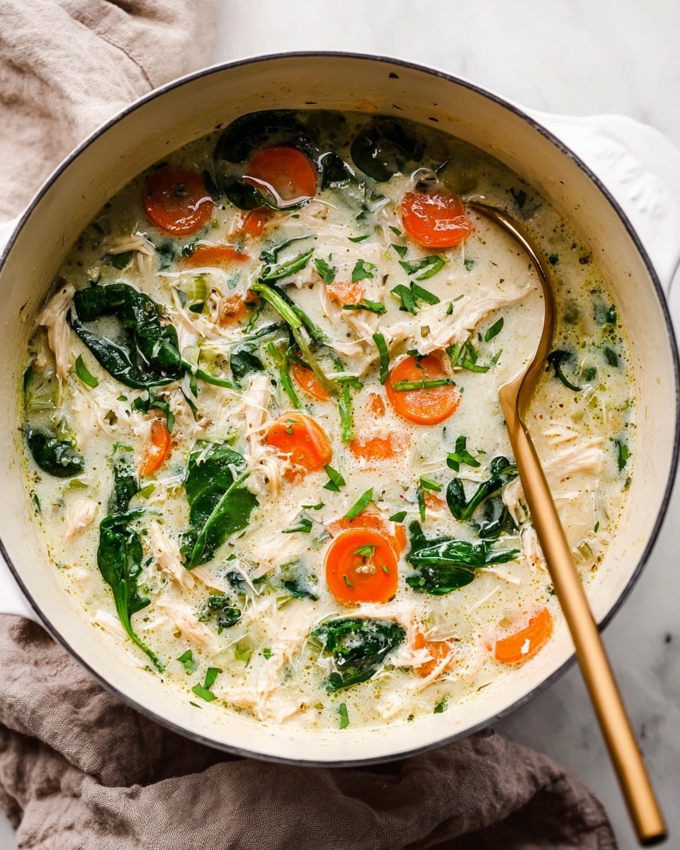 A white pot filled with a creamy soup that has visible layers of thinly sliced orange carrots, dark green fresh spinach leaves, and small bits of shredded light-colored chicken mixed in a thick, pale broth. The soup also has small green herbs sprinkled on top, adding a fresh look. A gold spoon is partially immersed in the soup, leaning against the side of the pot. The pot is placed on a soft, light brown cloth, and the background is a white marbled texture photo taken with an iphone --ar 4:5 --v 7