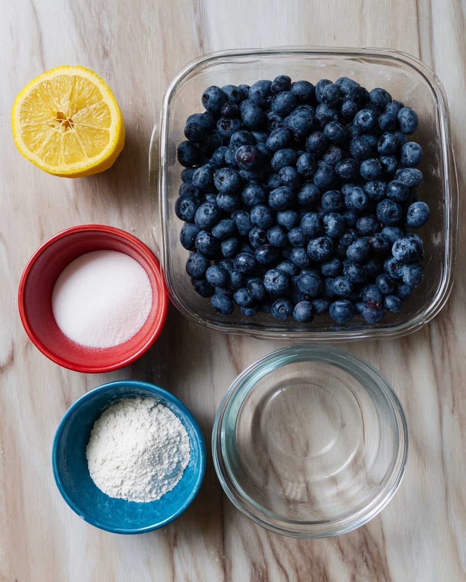 The image shows ingredients for a blueberry recipe arranged on a white marbled surface. On the right, there is a clear plastic container full of dark blue, fresh blueberries forming a dense layer. To the left, there is a half lemon with a bright yellow color, showing the inside with seeds visible. Below the lemon, there are three small bowls: one red bowl filled with white sugar, one blue bowl containing white flour, and a clear glass bowl that is empty. The bowls and ingredients are neatly placed side by side in an organized way. Photo taken with an iphone --ar 4:5 --v 7