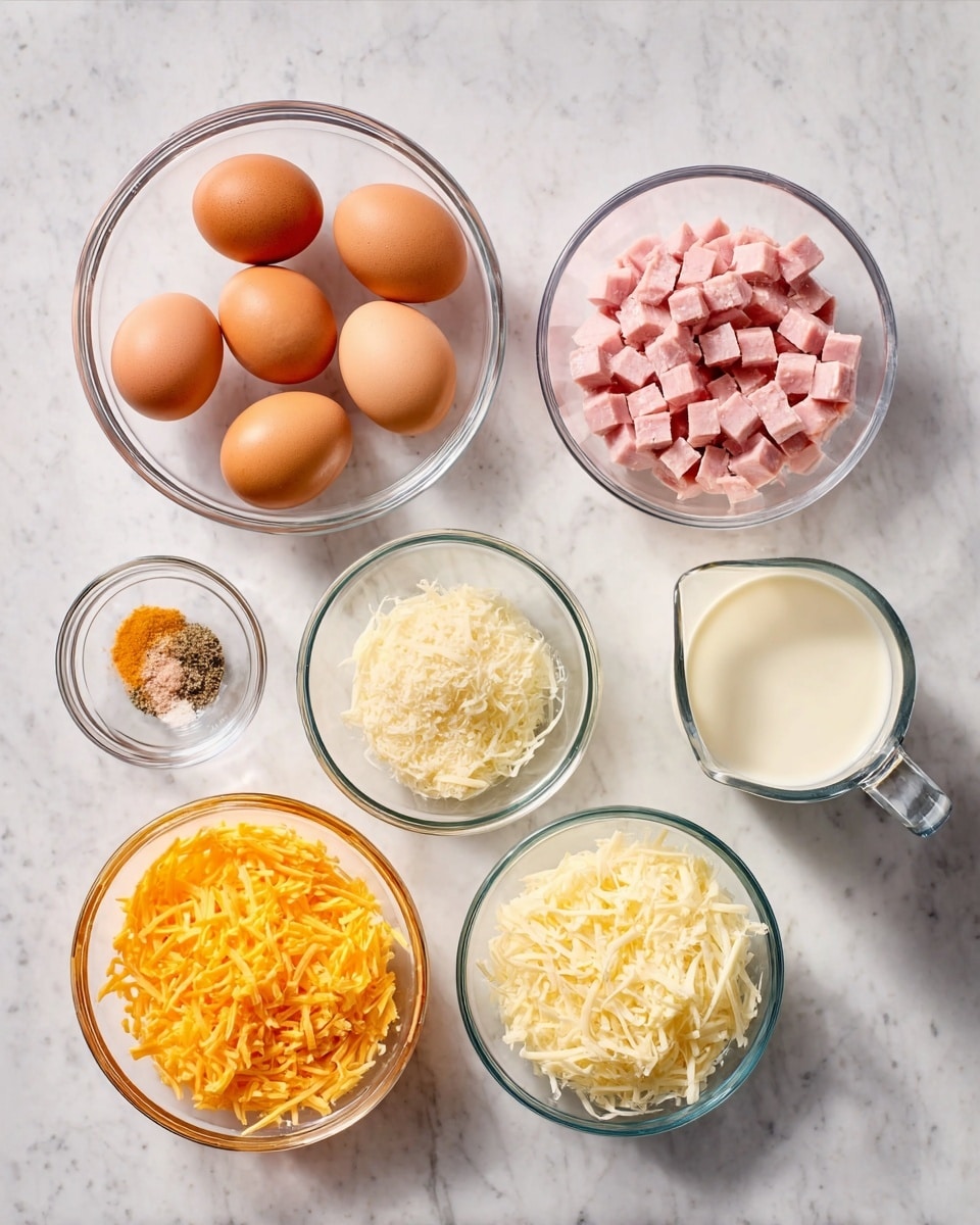 The image shows seven glass bowls arranged on a white marbled surface. The largest bowl holds several brown eggs, positioned in the top left. Next to it on the right is a bowl filled with small pink cubes, likely ham. To the right of that is another bowl with shredded white cheese. Below the eggs, there is a bowl with shredded orange cheese. In the center, two smaller bowls contain a small amount of ground spice and garlic powder. On the far right, a glass measuring cup with cream sits in the corner. Photo taken with an iphone --ar 4:5 --v 7
