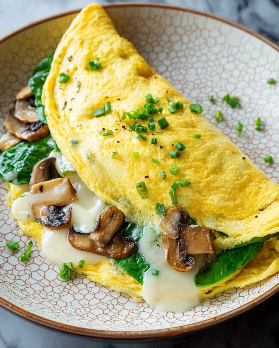 The image shows a yellow folded omelette in a white frying pan with a hexagonal pattern. Inside the omelette, there are layers of green spinach leaves, sliced brown mushrooms, and melted white cheese oozing slightly from the sides. The omelette is garnished with small pieces of finely chopped green chives scattered on top. The background has a white marbled texture. Photo taken with an iphone --ar 4:5 --v 7