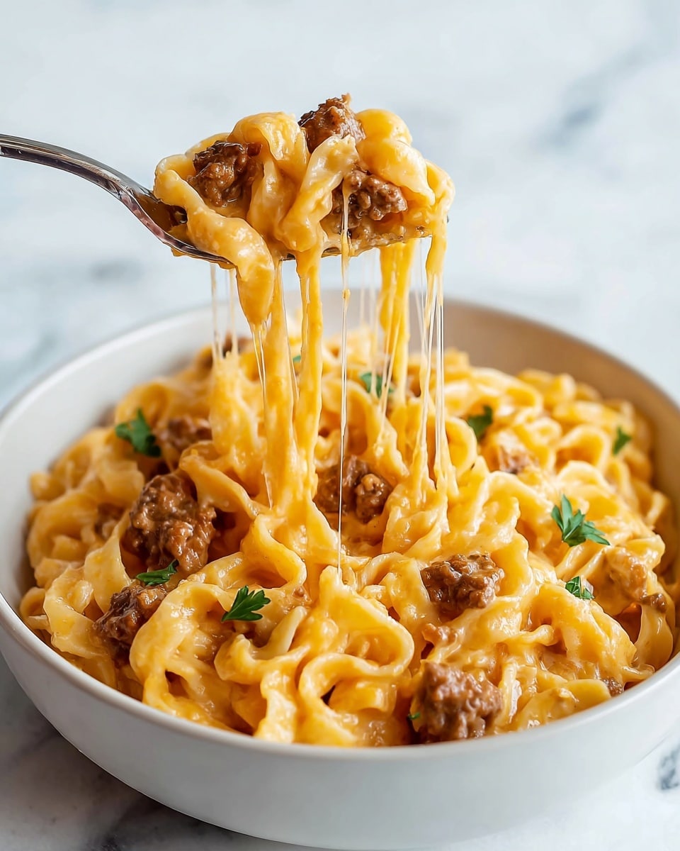 The image shows a white bowl filled with a creamy pasta dish topped with small pieces of browned meat and sprinkled with green parsley leaves. The pasta is short and wide with a soft, smooth texture, coated in a rich, cheesy orange sauce. A silver fork lifts a bite of the pasta from the bowl, with long strands of melted cheese stretching down from the fork to the bowl. The background is a white marbled surface. Photo taken with an iphone --ar 4:5 --v 7