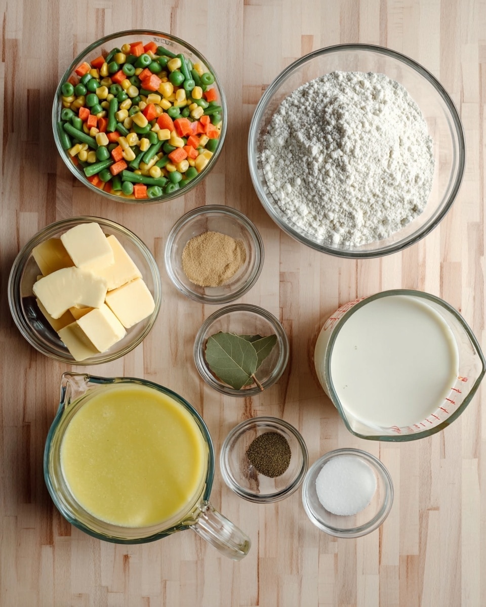 The image shows seven clear glass bowls and measuring cups arranged on a light wooden surface. One bowl contains a colorful mix of frozen vegetables including green beans, corn, and diced carrots. Another bowl has several blocks of pale yellow butter. A smaller bowl holds a bay leaf, and a separate bowl contains a mixture of four different spices in black, light brown, beige, and white colors. One bowl is filled with white flour, while the largest measuring cup contains a thick yellow liquid, and the smaller measuring cup holds a white creamy liquid. The background has been changed to a white marbled texture. Photo taken with an iphone --ar 4:5 --v 7