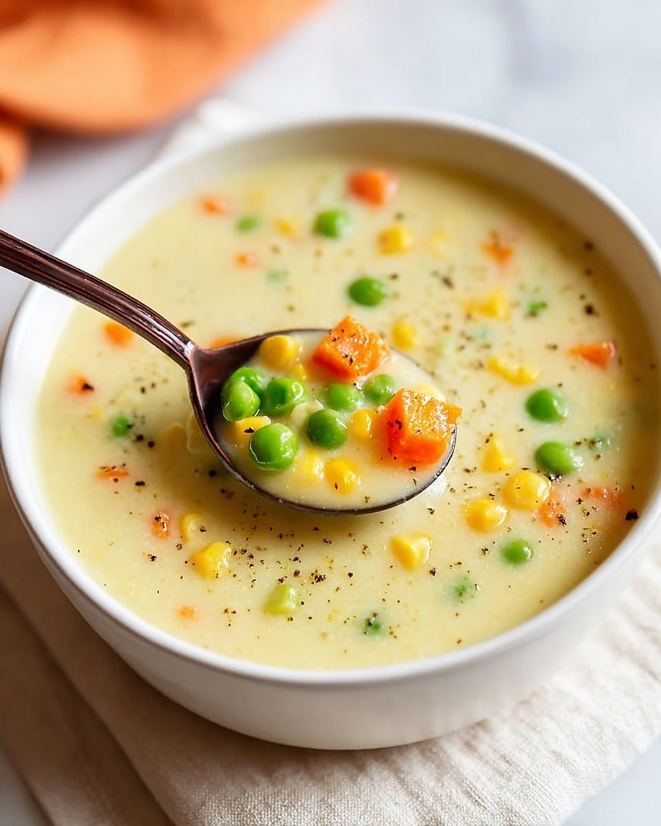 A white bowl is filled with creamy light yellow soup that has a smooth texture. On the surface of the soup are scattered bright green peas, orange carrot cubes, and small yellow corn pieces. A dark brown spoon is partly dipped in the soup, holding some vegetables and soup, with a light sprinkle of black pepper visible on the surface. The bowl sits on a light beige cloth on top of a white marbled surface, with a soft orange object blurred in the background. photo taken with an iphone --ar 4:5 --v 7