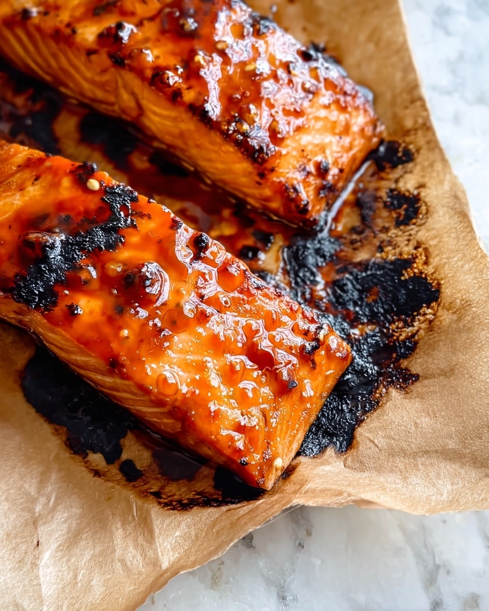 The image shows two pieces of glazed salmon fillets on a piece of parchment paper, placed on a white marbled surface. Each salmon piece is bright orange with a shiny, sticky sauce coating, and there are charred, blackened spots on the salmon and paper around them, indicating they were grilled or baked until caramelized. The sauce has small bubbles and a glossy texture that reflects light. The parchment has dark brown burn marks under and near the fish, creating a contrast with the shiny salmon pieces. Photo taken with an iphone --ar 4:5 --v 7
