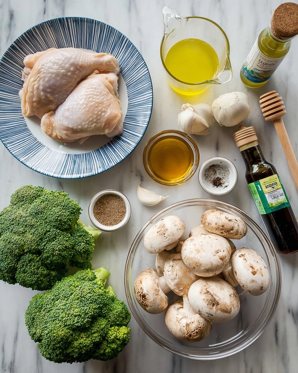 The image shows cooking ingredients arranged on a white marbled surface. At the center left, two raw chicken pieces sit on a white plate with blue stripes. Below them, two fresh green broccoli heads rest directly on the surface. To the right, a clear glass bowl holds several whole white mushrooms with some soil spots. Above the mushrooms, there is a whole onion next to three garlic cloves and a piece of ginger. A measuring cup filled with light yellow liquid is near the top center. Small bowls and containers with black pepper, white powder, and dark honey with a wooden dipper are placed near the top right. At the bottom right, there are two dark bottles, one labeled sesame oil and the other with a partially visible label. The whole setup is well-lit and cozy, photo taken with an iphone --ar 4:5 --v 7
