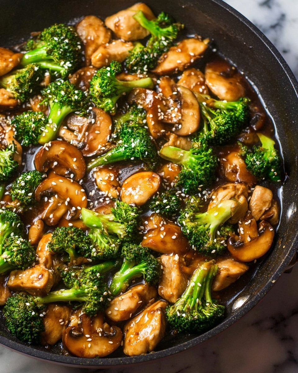 The image shows a close-up of a black pan filled with a stir-fry dish. There are three main layers: the top has white sesame seeds scattered all over, the middle layer has bright green broccoli heads and thick brown mushroom slices with a glossy texture, and the bottom layer consists of browned, light tan chicken pieces soaked in a shiny, dark brown sauce. The pan is set on a white marbled surface. photo taken with an iphone --ar 4:5 --v 7