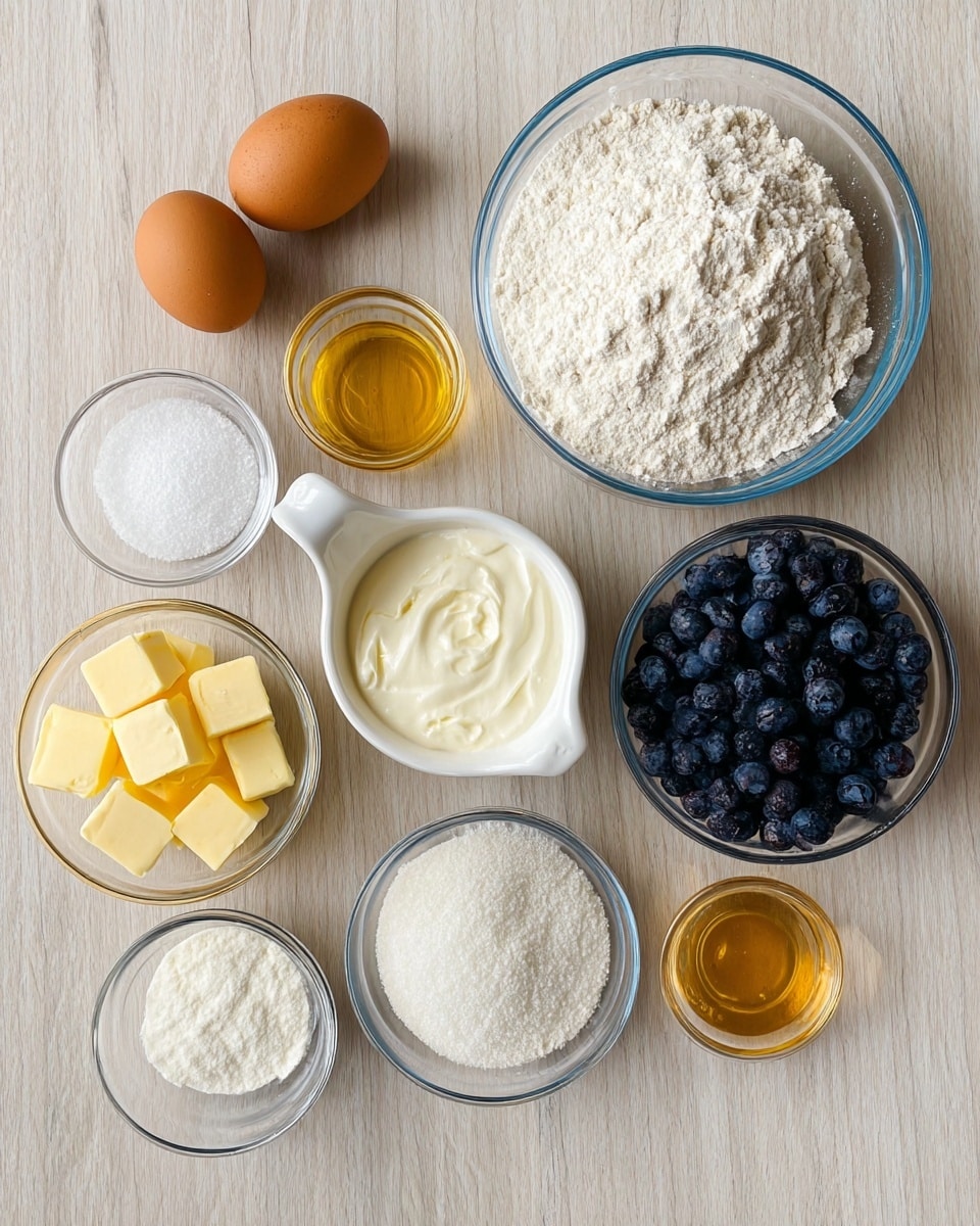 The image shows many clear glass bowls and a white measuring cup arranged neatly on a white marbled surface. The largest bowl at the top right is filled with white flour. To its left, two brown eggs lie side by side. Below the eggs, a white measuring cup contains thick white yogurt. On the bottom right, a bowl is full of fresh dark blue blueberries. Next to it to the left, another bowl holds white granulated sugar. Moving further left, a bowl contains several yellow cubes of butter. At the top left, four small bowls contain different ingredients: one with a golden liquid, two with white powders of varying textures, and another with salt. The whole setup looks clean and ready for baking. Photo taken with an iphone --ar 4:5 --v 7
