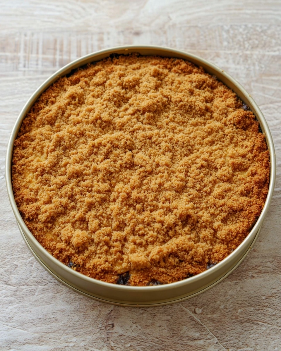 The image shows a round, golden-brown crumb cake with a rough, crunchy crumb topping covering the entire surface. The cake has one visible layer with a firm crust on the edges and a slightly uneven texture on top. It is in a light beige baking pan placed on a white marbled surface. The crumb topping is a mix of small and medium-sized crumbs, giving it a coarse texture. The cake has some darker brown spots where the crumbs are slightly toasted more than the rest. Photo taken with an iphone --ar 4:5 --v 7