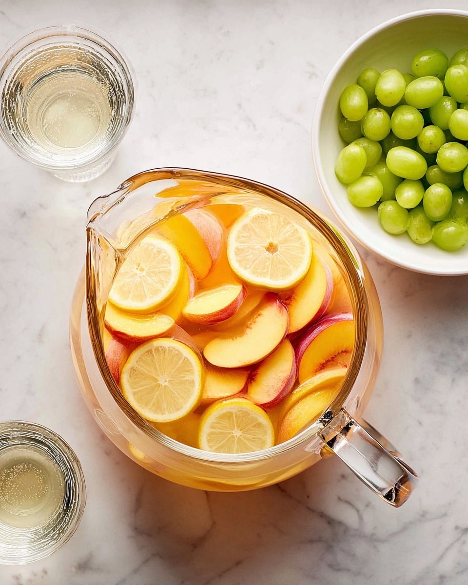 A clear glass pitcher shown from above is filled with light amber liquid and slices of peach and lemon floating in it; the peach slices are orange-yellow with red edges, spread evenly, and the lemon slices are pale yellow with visible juicy texture placed among the peaches. To the right of the pitcher, there is a white bowl containing halved green grapes with a smooth texture. On the left side, two clear glasses are placed on a white marbled surface that fills the rest of the background. Photo taken with an iphone --ar 4:5 --v 7