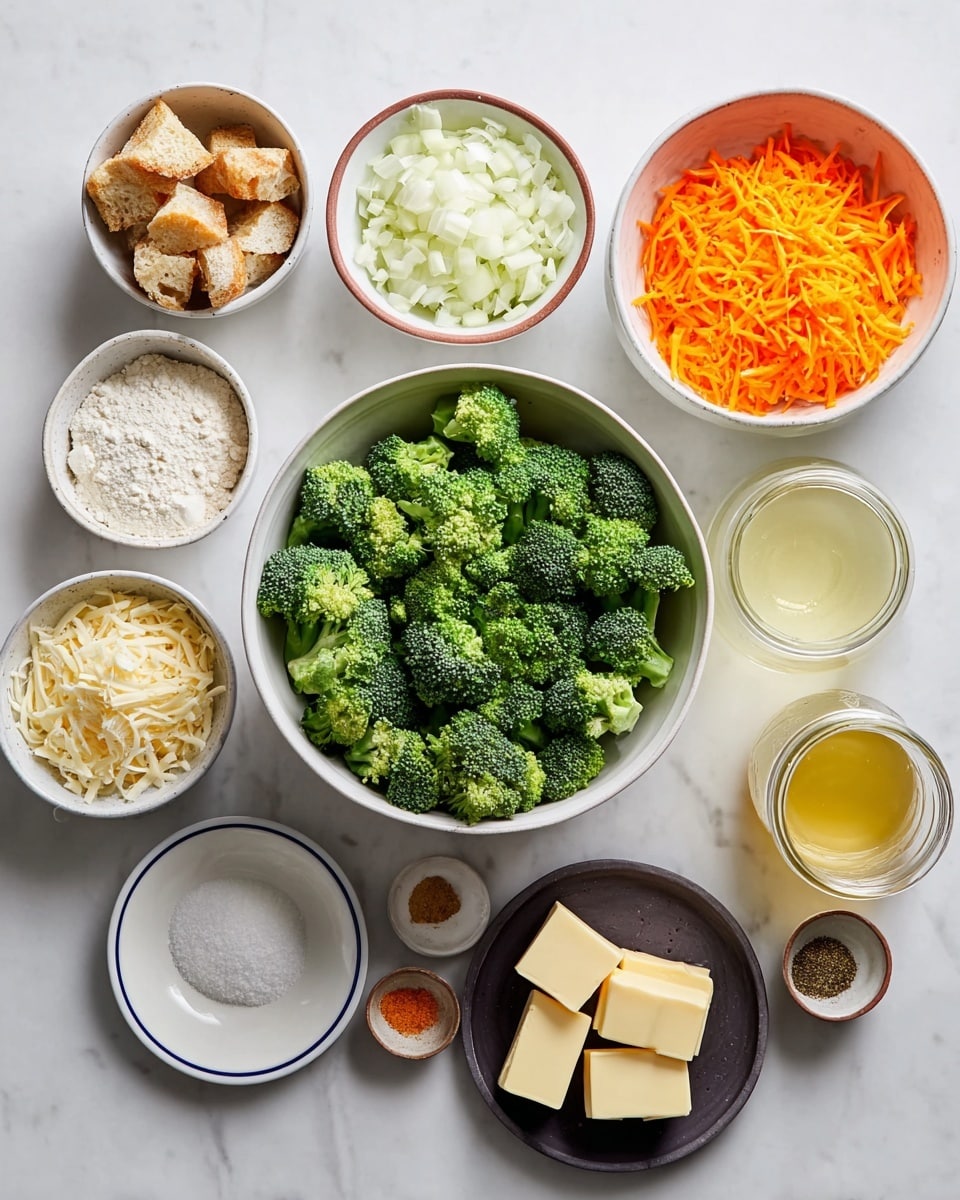 A white bowl in the center holds many small broccoli florets, bright green with a fresh texture. Around it are smaller white bowls and plates arranged neatly, holding different ingredients: finely chopped white onions, shredded orange carrots, shredded yellow cheddar cheese, small white crumbs of cheese on a white plate with a blue rim, and a white dish with white flour. There is a white bowl with torn bread pieces that look toasted, a dark small plate with four blocks of pale yellow butter, a small glass jar filled with a light yellow liquid, another small glass jar with a white liquid, and three small round dishes with different powders and spices—one light yellow, one brown, and one black pepper. The whole setup is on a white marbled surface, clean and bright, showing a well-organized layout of colorful fresh ingredients. photo taken with an iphone --ar 4:5 --v 7