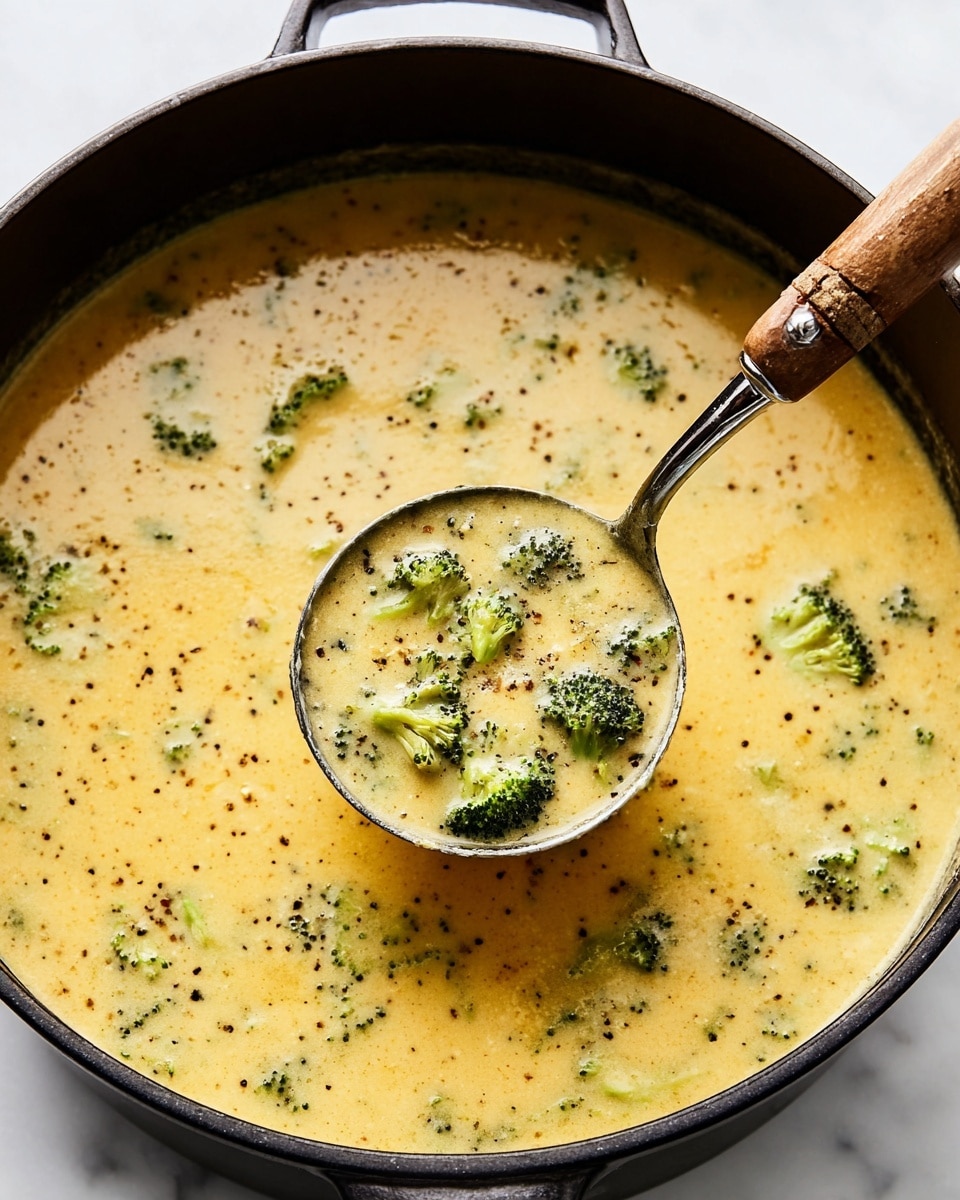 The image shows a close-up of a large black pot filled with creamy yellow soup with visible green broccoli pieces spread throughout. The soup has a smooth texture with tiny black pepper specks sprinkled on top, giving it a light seasoning effect. In the pot, there is a silver ladle with a wooden handle, lifting a portion of the soup that clearly shows a few broccoli florets sitting in the creamy yellow broth. The background surface is a white marbled texture. photo taken with an iphone --ar 4:5 --v 7